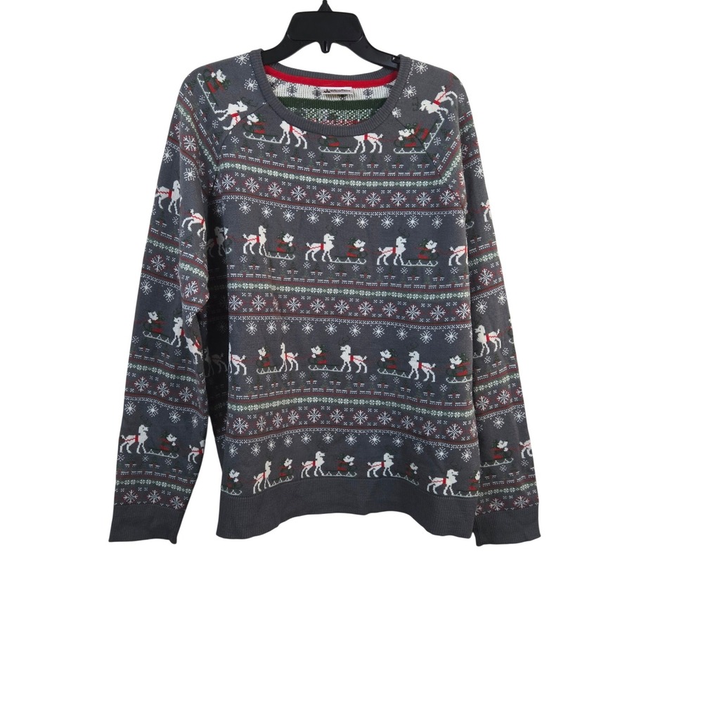 Disney Parks Mens Gray Mickey Mouse Reindeer Sleigh Fair Isle Knit Sweater XL